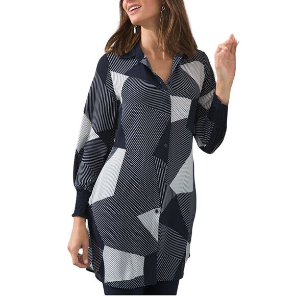 Chicos 18 Womens Patchwork Crepe Tunic Top Lightweight Crepe Fabric Geometric - Picture 10 of 11